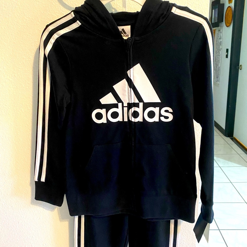 adidas Boys/Kids Black & White 2 Piece Zip Up Jacket & Joggers Set - 5